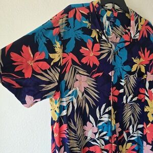 George Men's XL‎ Hawaiian Shirt Tropical Short Sleeve Button Up Navy Blue Pink